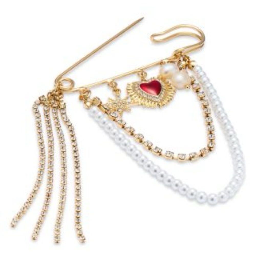 BLOOMINGDALE'S Golden Embellished Faux Pearl Chain Pin Brooch - Picture 2 of 4